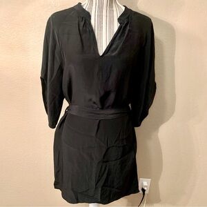 100% Silk Mini Dress Small Viereck Black Flowy V-Neck Tie Belt Short Sleeves